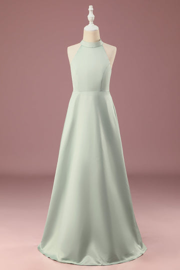 Matcha A-line Halter Sleeveless Long Satin Junior Bridesmaid Dress
